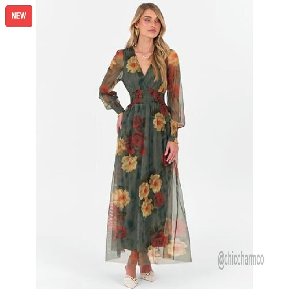 Flowy Maxi Dress with Puff Sleeves V-Neck Long Sleeve Wedding Guest - Picture 5 of 8